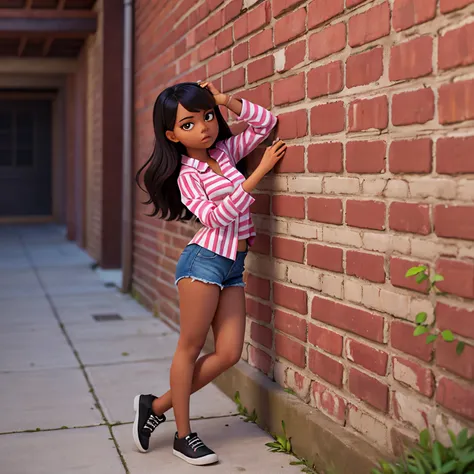 there is a woman standing against an all brick wall with her hand on her head, leaning on the wall, left eye stripe, distorted p...