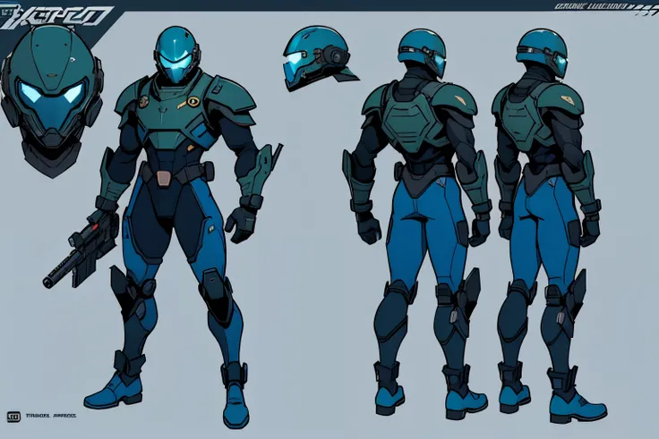 Masterpiece, High quality, ((character concept art)), ((character design sheet, same character))

a futuristic-looking male military commander, wearing a ((kevlar helmet)) and is dressed in ((blue suit)), holding weapon, holding gun, wearing epTactical, XC...