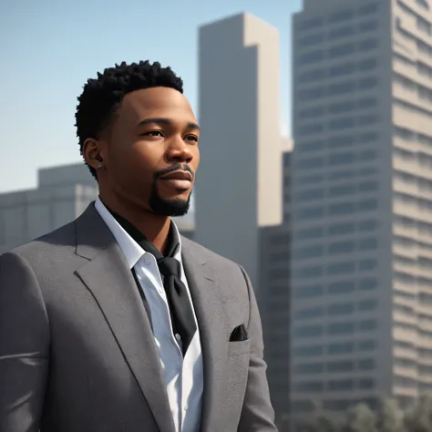 A picture of a hansome black man with a short hair wearing a Grey suit with a tall building of Nelson Mandela University in the background. 3D image