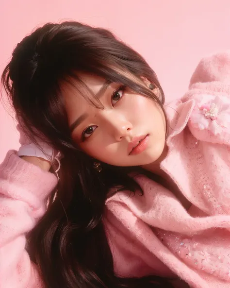 A closeup of a woman with long hair wearing a pink sweater, jennie blackpink, Retrato de Jossi de Blackpink, Yoshitomo Nara, jisoo do blackpink, Jisoo do Blackpink, song hye - kyo, Ayaka, Retrato Jisoo Blackpink, Chiho, Takase Akiko, Parque Roseanne do Bla...