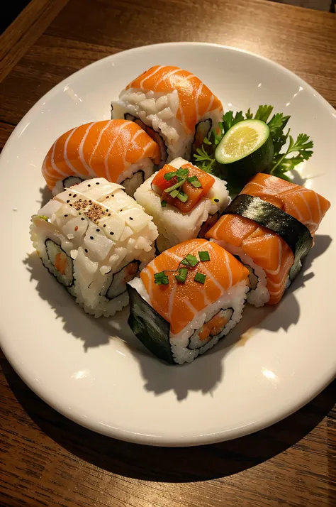 realistic fresh and warm sushi on a table in a plate with seasonings