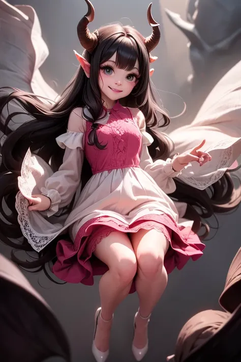 a (horned demon girl) smiling, wearing a lace cloth dress, black hair, red smokey eyes makeup, hair accesories, dramatic magic floating pose, (full body), (((sfw)))