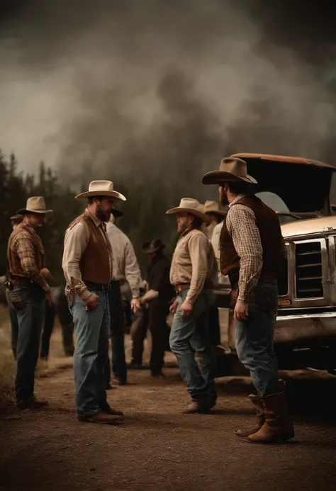 Redneck men standing around trucks, boots on, cowboy hats, smoking.