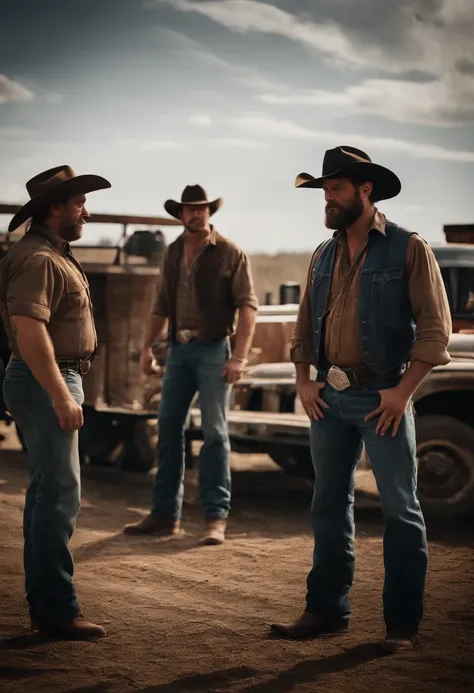 Redneck men standing around trucks, boots on, cowboy hats, smoking.