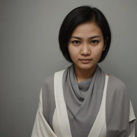 25 years old indonesian woman, (passport photo), (ultra detail:1.8), (neutral emotion), no make up, (very short hair:1), (facing the camera:1.8), (looking at the camera:1.8), grey background, face centered, even light