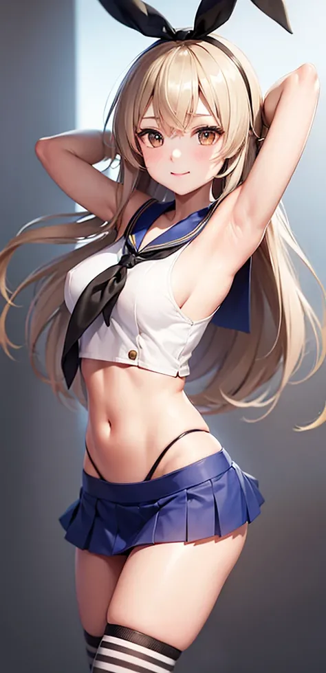 (masterpiece, best quality:1.2),illustration,8k,hd,1girl,solo,upper body,(portrait:1.2),long_hair,blonde_hair,elbow_gloves,underwear,striped_thighhighs,white_gloves,smile,navel,yellow eyes,highleg_panties,black_panties,anchor_hair_ornament,highleg,blush,sc...