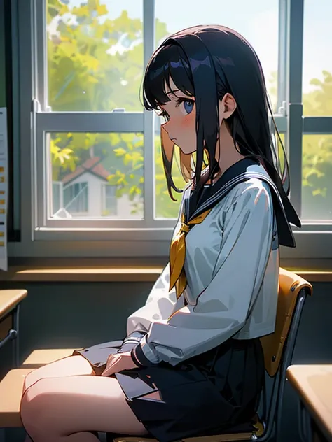 Best quality, (background is a school classroom), 1 girl, sitting on a school chair,((looking away:1.3)),((girl is looking at the window:1.8)), (girl is gazing outside from the classroom window:1.8),outside is overcast:1.3, (classroom scene: 1.3), (During ...