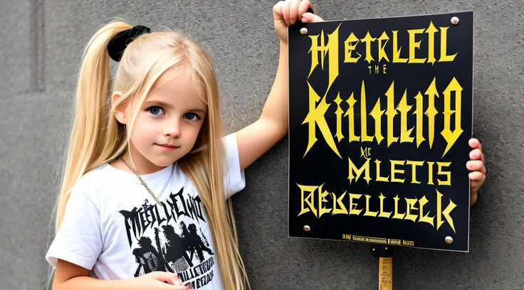 blonde child girl long hair holding a sign that says Metallica, mestre de fantoches, metal pesado!, [ metal ], Michael, muito feliz!, arte magistral, com um brilhante, metal head, feito de metal, metal pesado, completely metallic, he is a rockstar, obra-pr...