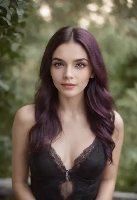 Foto realista, beautiful woman young 20 years old, Black lingerie, delgada blanca, long purple hair loose back, Eyes looking at the camera, maquillaje ligero, sonriendo, Clear lighting, colores vividos, textura realista, sensual