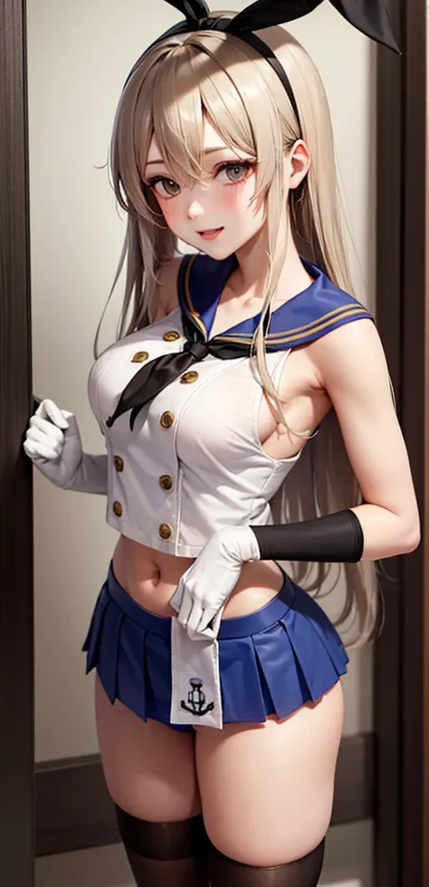 (masterpiece, best quality:1.2),illustration,8k,hd,1girl,solo,upper body,(portrait:1.2),long_hair,blonde_hair,elbow_gloves,underwear,striped_thighhighs,white_gloves,smile,navel,yellow eyes,highleg_panties,black_panties,anchor_hair_ornament,highleg,blush,sc...