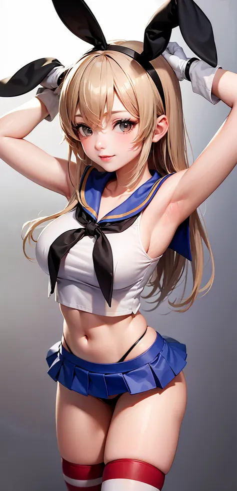 (masterpiece, best quality:1.2),illustration,8k,hd,1girl,solo,upper body,(portrait:1.2),long_hair,blonde_hair,elbow_gloves,underwear,striped_thighhighs,white_gloves,smile,navel,yellow eyes,highleg_panties,black_panties,anchor_hair_ornament,highleg,blush,sc...