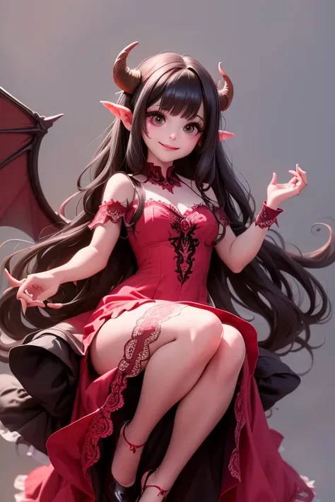 a (horned demon girl) smiling, wearing a lace cloth dress, black hair, red smokey eyes makeup, hair accesories, dramatic magic floating pose, (full body), (((sfw)))