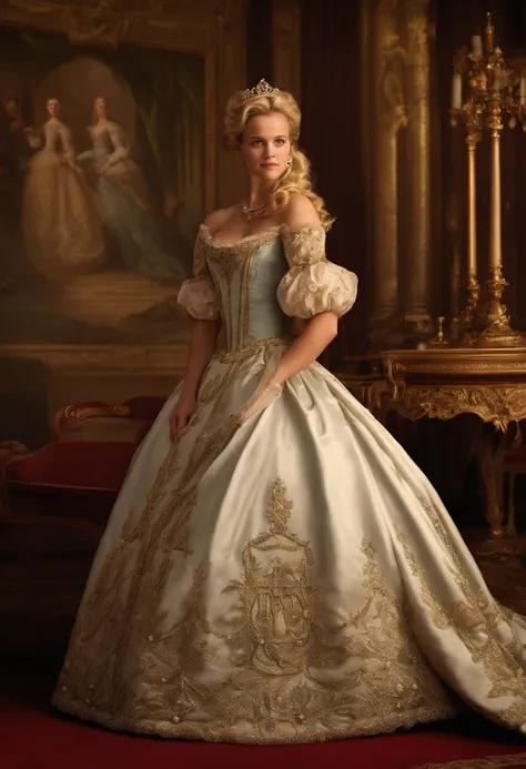 John Tenniel art, Formal and Official Coronation Portrait, Portrait of a stunningly beautiful young blonde Reese Witherspoon as a Queen wearing A Stately and Elaborate Royal Cinderella Court Gown with (((enormous puffed sleeves))), an hourglass waist, and ...