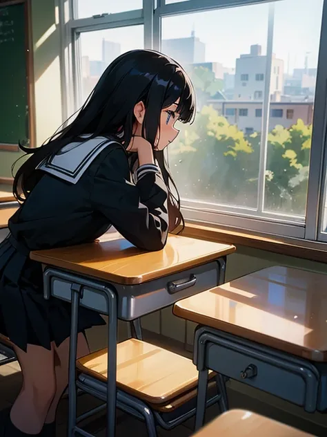 Best quality, (background is a school classroom), 1 girl, sitting on a school chair,((looking away:1.0)),(Not looking at the camera),((girl is looking at the window:1.3)), (girl is looking outside from the classroom window:1.3),outside is overcast,(classro...