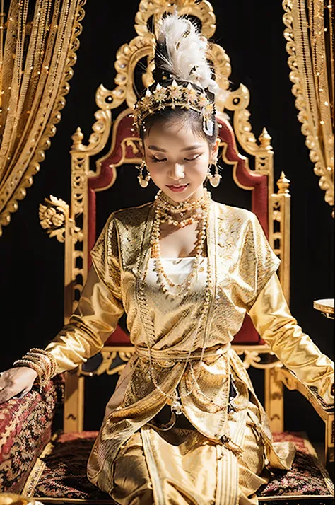 MMTD BURMESE PATTERNED TRADITIONAL DRESS WEAR BEAUTIFUL queen,WEAR PEARL NECKLACES AND GOLD BRACELETS,FULL BODY DETAILS BEAUTY, sitting in royal manner on the long golden traditional throne in golden palace, Myanmar traditional hair style,best composition,...