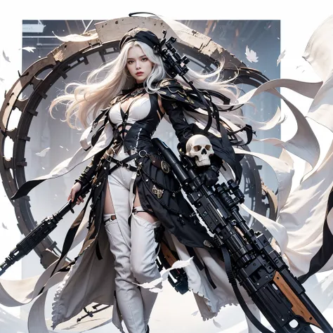 High quality, masterpiece with intricate details. prefect face, a close-up of a young woman with white hair with a gun in her hand. sword, wears white clothes with skull decoration. pixiv contest winner, gothic art, of a sniper girl in war, a beautiful whi...