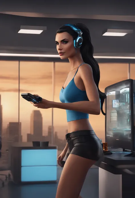 A Boomerang of Madison playing a high-tech interactive game in the office game room.,original,Madison Kane is a tall woman with jet black hair in a ponytail, and piercing blue eyes. Her skin is a fairer tone, and flawless.