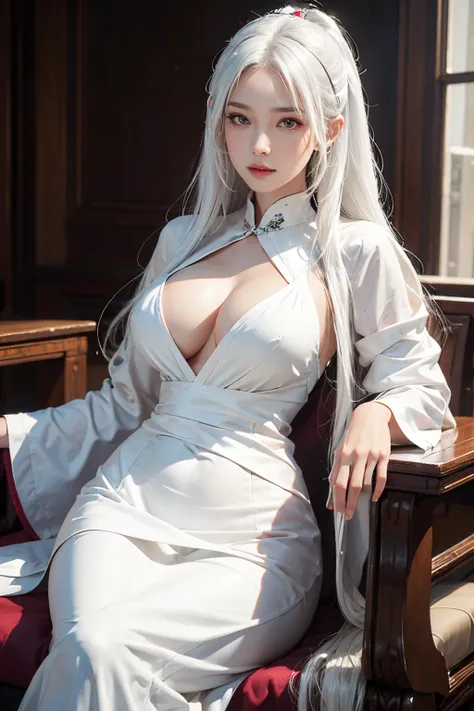 photorealistic, high resolution, 1women, solo, hips up, look at viewer, (detailed face), white hair, long hair, medium breasts, Taoist, sit on chair,