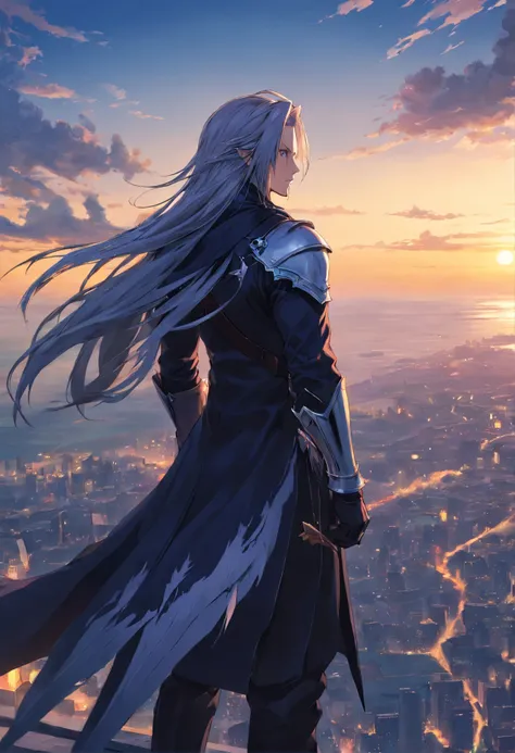 《final fantasy》Extremely detailed illustration of Sephiroth，He was dressed in black，Look out over the horizon, full bodyesbian, incredibily detailed, perfect shadow, Dynamic background, hyperrealistic painting style.