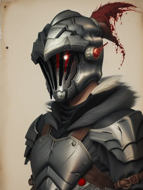 obra-prima, melhor qualidade, retrato de goblin slayer, 1boy, olho flamejante, armadura, capacete, armadura preta, sangue, armadura completa, brilhante, olho brilhante, capacete, cavaleiro, foco masculino, pluma, solo, com sangue