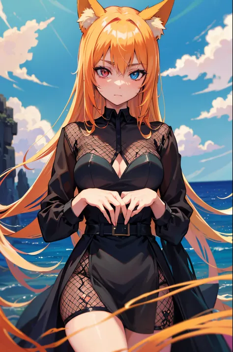 art noveau, masterpiece 1.3, golden ratio, firefox, fox ears, fox tail, bare skin, goth, anime, female, blonde hair, heterochromia, fishnet, long black dress