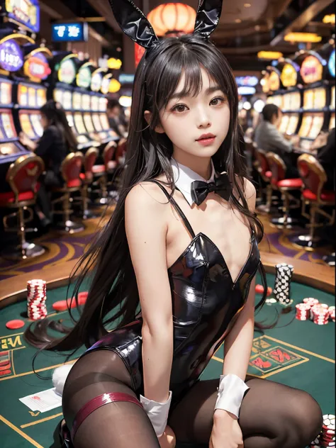 (top-quality), Realistic, (real picture, Intricate details), ((Japanese female college student squatting at the casino, arms between legs)), ((Playboy Bunny, Rabbit ears, Black rabbit ears, fake rabbit ears, pantyhose, Black pantyhose, bowtie, Wrist cuffs,...