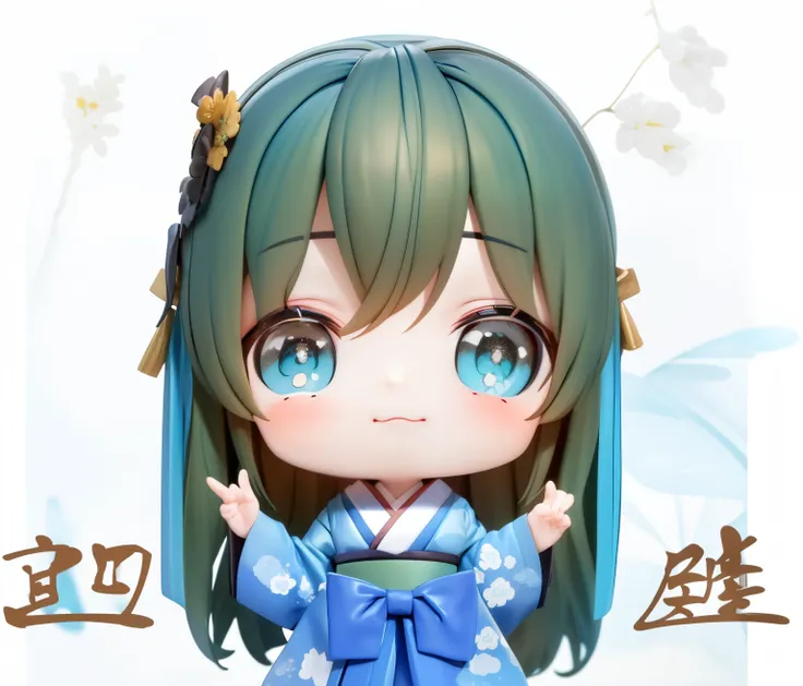 blue-green kimono，Happy New Year，bowing，Brown hair，Turquoise background