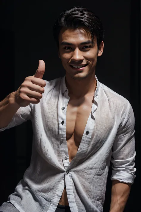 handsome, chiseled asian european man, full body, sharp jawline, black slick hair, excited, happy smile, two thumbs up, excited approval, unbuttoned linen shirt, exposed chest, six pack abs, high quality, solid dark background, dramatic low studio lighting