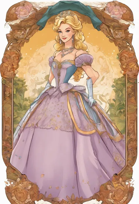 John Tenniel art, Formal and Official Coronation Portrait, Portrait of a stunningly beautiful young blonde Reese Witherspoon as a Queen wearing A Stately and Elaborate Royal Cinderella Court Gown with (((enormous puffed sleeves))), an hourglass waist, and ...