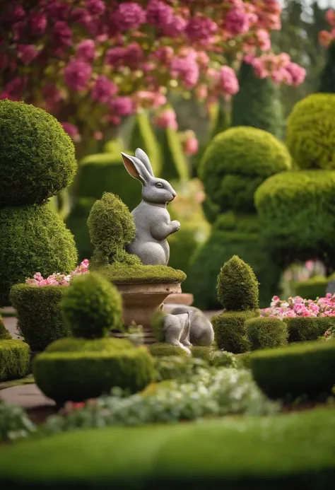 The image is of a beautifully landscaped garden with rabbit statues and topiaries.,original,I love rabbit.