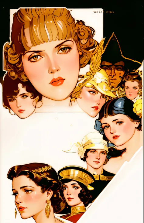 a Close-up of a poster With a woman Surrounded by other women, Filme dos anos 1920, J C LeyendeCker 8 K, j. C. LeyendeCker 8 K, movie illustration, j. C. LeyendeCker. Cabelos pretos, Joseph Leyendecker, DiCas de Coles Phillips, druillet Colorido, JC Leyend...