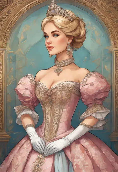 John Tenniel art, Formal and Official Coronation Portrait, Portrait of a stunningly beautiful young blonde Reese Witherspoon as a Queen wearing A Stately and Elaborate Royal Cinderella Court Gown with (((enormous puffed sleeves))), an hourglass waist, and ...