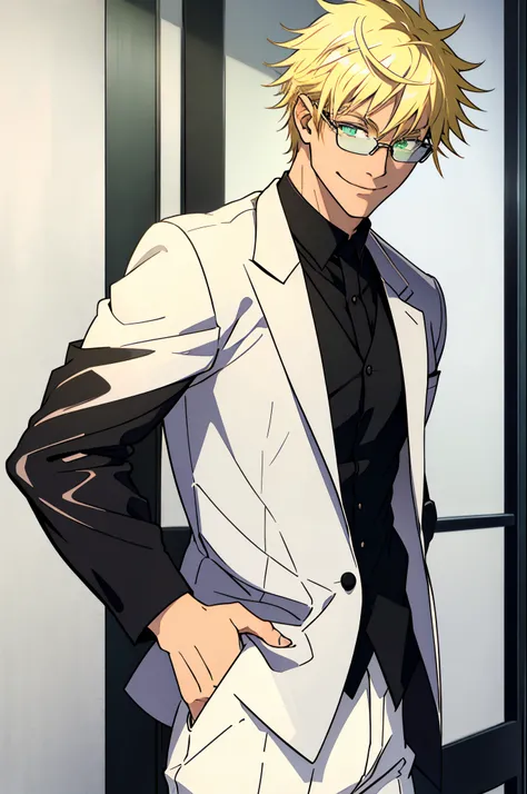 white young man, green eyes, smile, beautiful, tall, white shirt, black pants, black tie, stylish hair, blonde hair, glasses, casual clothes