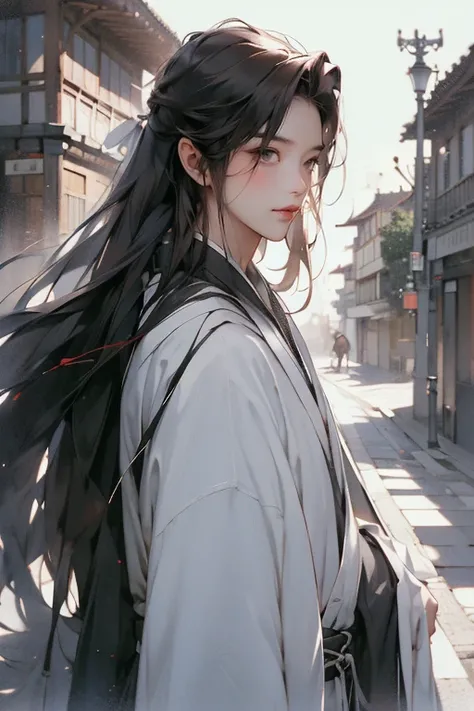 masutepiece, Best Quality, 8K, Cinematic Light, 超A high resolution, chinese art, Chinese paintings, 1boy, Upper body, in a street,long hair