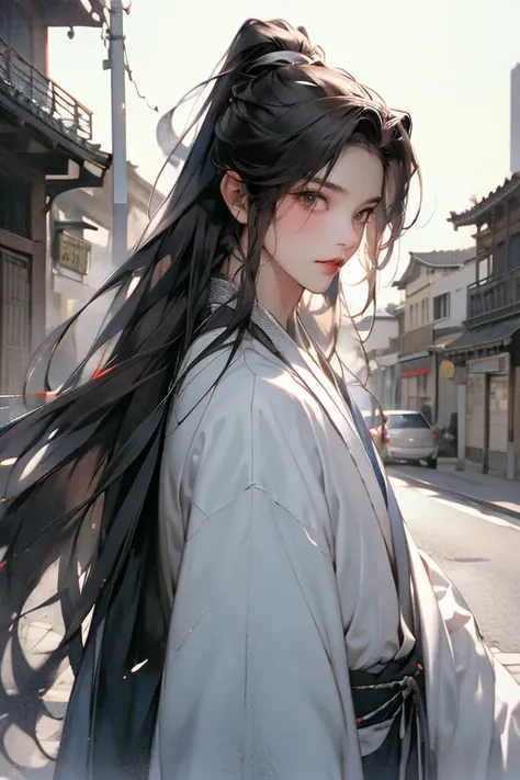 masutepiece, Best Quality, 8K, Cinematic Light, 超A high resolution, chinese art, Chinese paintings, 1boy, Upper body, in a street,long hair