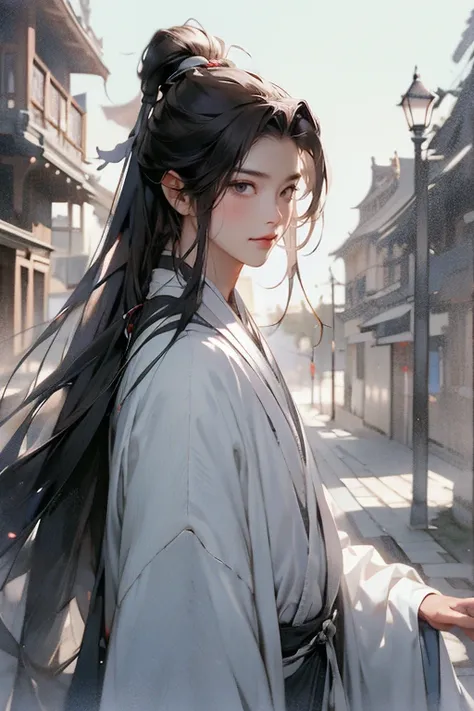 masutepiece, Best Quality, 8K, Cinematic Light, 超A high resolution, chinese art, Chinese paintings, 1boy, Upper body, in a street,long hair