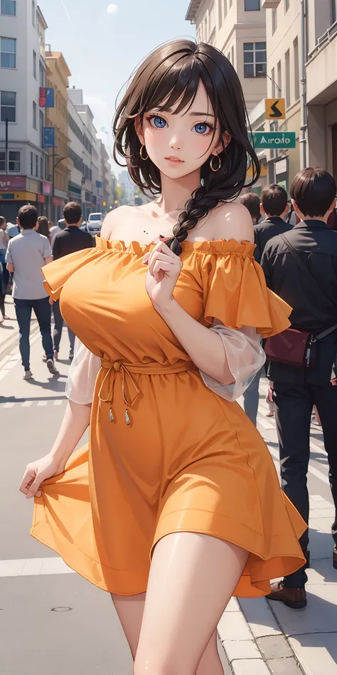 (masterpiece, best quality, ultra-detailed, photorealistic), 1 girl, curvaceous but slender body, a woman posing on the street corner with orange dress on, best quality, 1girl, large breast, day, bright, blur background, bokeh, outdoor, (street:0.8), (peop...