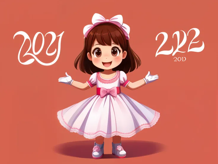 Frontal image of a single 5 year old girl, alone, standing, happy, with brown hair, brown eyes, rosy cheeks, open arms, legs apart, clean background, New Years trousseau, white dress, pink gloves white, white shoes, white bows on the head, 2D childrens ill...