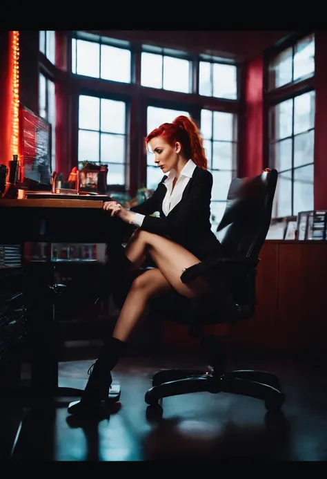 girl in office, sitting in chair, legs up in desk, red hair, pony tail, busty, c cup, cyberpunk theme, cleveage, white blouse, short black skirt, black jacket, neon lights