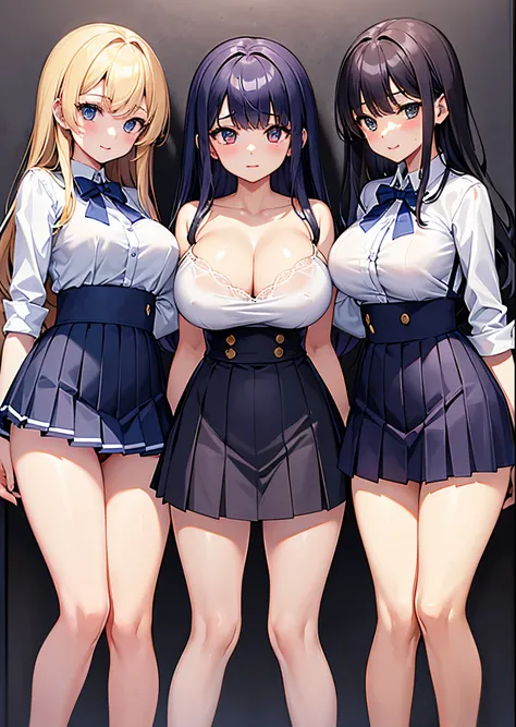 detaileds、Top image quality、topquality、Three high school girls in navy blue pleated miniskirts stand side by side、Colossal tits、cleavage of the breast、Emphasize、s ass、White panty、T-back、Futomo、A dark-haired、low angles、White shirt