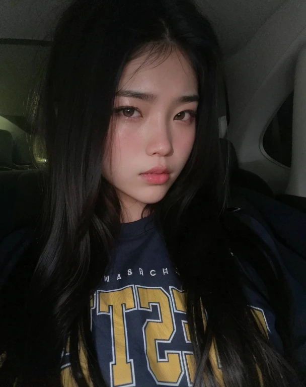 Mujer arafed con pelo largo y negro en un coche., cara cansada, Asian face, 18 years old, tiene los ojos cansados, Ella tiene una cara linda, Asian girl, Gemma Chen, sleepy expression, sin maquillaje, south east asian with round face, 1 6 years, with a sad...