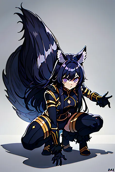 delta, facial mark, purple eyes, small breasts, black long hair, tail, tail ornament, standing, fighting pose, attacking pose, s...