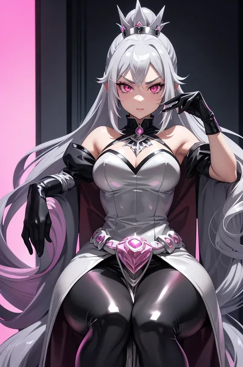 Anime silver slime queen, long Mid gray pony tail, Gray Chateau skin and face, evil look, Pink eyes, Mid gray crown with fiery pink jewel on center of crown, Mid gray Suit, long black gloves, Mid gray slime tail. sitting on throne.