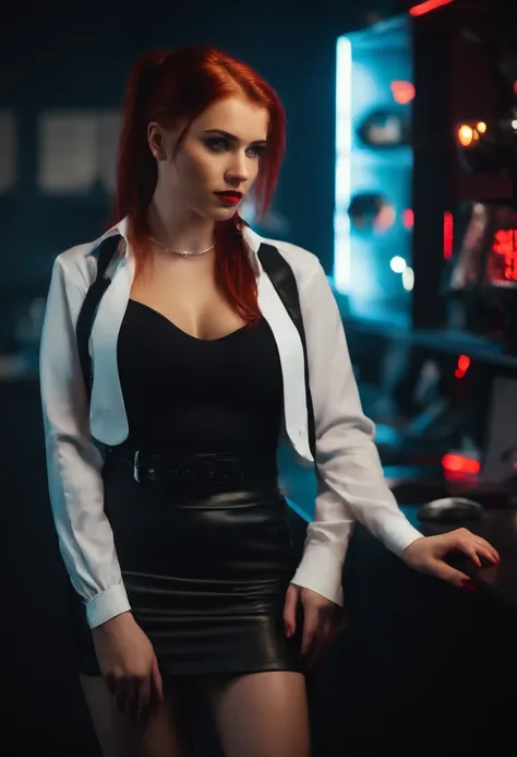 20 years old teen in office, red hair, pony tail, busty, d cup breasts, cyberpunk theme, cleveage, white blouse, short black skirt, black jacket, neon lights