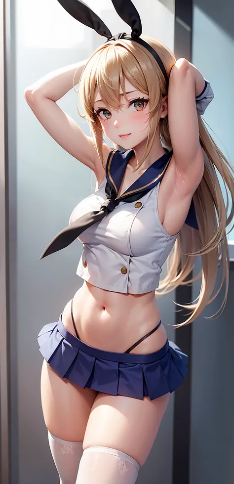 (masterpiece, best quality:1.2),illustration,8k,hd,1girl,solo,upper body,(portrait:1.2),long_hair,blonde_hair,elbow_gloves,underwear,striped_thighhighs,white_gloves,smile,navel,yellow eyes,highleg_panties,black_panties,anchor_hair_ornament,highleg,blush,sc...