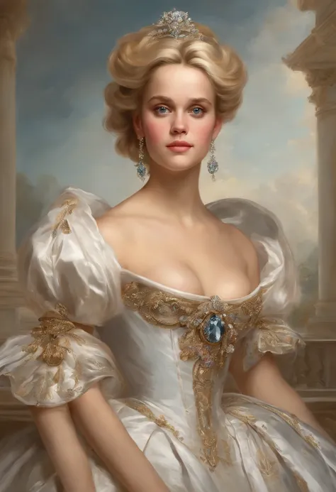 Franz Xaver Winterhalter art, Formal and Official Coronation Portrait, Portrait of a stunningly beautiful young blonde Reese Witherspoon as a Queen wearing A Stately and Elaborate Royal Cinderella Court Gown with (((enormous puffed sleeves))), an hourglass...