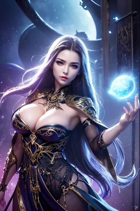 (Masterpiece:1.2), high def body, detailed eyes, (sexy:1.1), (deep cleavage:1.3), (sexy bombshell:1.2), female human, dark mage, short grey hair, grey eyes, (dark and mysterious ambiance), (flowing black robes), (glowing magical symbol on the forehead:1.1)...