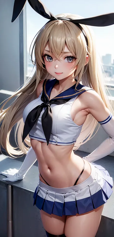 (masterpiece, best quality:1.2),illustration,8k,hd,1girl,solo,upper body,(portrait:1.2),long_hair,blonde_hair,elbow_gloves,underwear,striped_thighhighs,white_gloves,smile,navel,yellow eyes,highleg_panties,black_panties,anchor_hair_ornament,highleg,blush,sc...