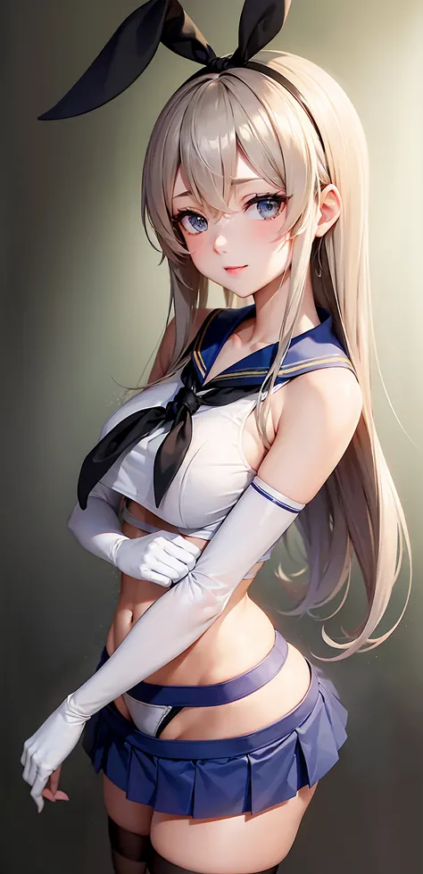 (masterpiece, best quality:1.2),illustration,8k,hd,1girl,solo,upper body,(portrait:1.2),long_hair,blonde_hair,elbow_gloves,underwear,striped_thighhighs,white_gloves,smile,navel,yellow eyes,highleg_panties,black_panties,anchor_hair_ornament,highleg,blush,sc...