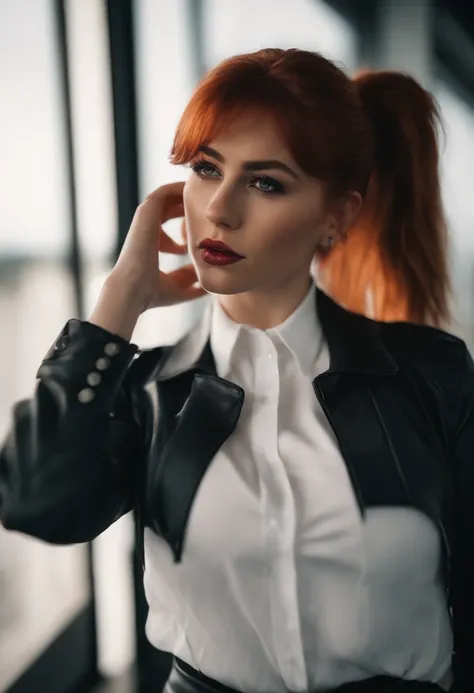 20 years old teen in office, aroused look, red hair, pony tail, busty, big breasts, cleveage, cyberpunk theme, unbuttoned white blouse, short black skirt, black jacket, neon lights